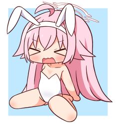 Rule 34 | &gt; &lt;, 1girl, ahoge, animal ears, bare arms, bare legs, bare shoulders, barefoot, blue archive, blue background, blush, breasts, chibi, closed eyes, collarbone, facing viewer, fake animal ears, full body, hair between eyes, hairband, halo, hana kazari, highres, hoshino (blue archive), leotard, long hair, open mouth, pink hair, playboy bunny, rabbit ears, sitting, small breasts, solo, strapless, strapless leotard, two-tone background, v-shaped eyebrows, very long hair, wariza, wavy mouth, white background, white hairband, white leotard