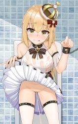 Rule 34 | 1girl, absurdres, blonde hair, chained wrists, cleft of venus, clothes lift, crown, highres, lifted by self, no panties, original, peeing, pussy, skirt, skirt lift, solo, standing, toilet use, tokuya, uncensored, urinal use, wet, wet clothes, yellow eyes