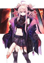 Rule 34 | 1girl, ahoge, black horns, black jacket, black skirt, black tank top, breasts, character request, column, commentary, copyright request, cum, demon horns, futanari, garter straps, gorget, hair ornament, hairpin, harutask, highres, horns, huge penis, jacket, looking at viewer, medium breasts, medium hair, midriff, miniskirt, navel, off shoulder, penis, pillar, pink eyes, pink hair, pleated skirt, pocket, sidelocks, skirt, sleeves past fingers, sleeves past wrists, solo, stomach, symbol-only commentary, tank top, testicles, thighhighs, third-party edit, twintails, zettai ryouiki