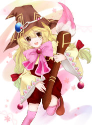 Rule 34 | 1girl, beryl benito, blonde hair, brown eyes, brush, freckles, hat, open mouth, ribbon, shoes, tales of (series), tales of hearts, thighhighs, wide sleeves, witch hat