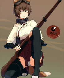 Rule 34 | 1girl, animal ears, bad id, bad pixiv id, black thighhighs, brown eyes, brown hair, female focus, goggles, goggles on head, gradient background, gun, japanese clothes, katou keiko, light smile, panties, rifle, shibafu (glock23), short hair, solo, strike witches, tail, thighhighs, underwear, weapon, white panties, witches of africa, world witches series