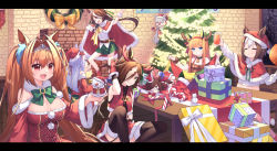 Rule 34 | 6+girls, animal ears, antlers, bell, belt, belt buckle, bespectacled, blue eyes, box, braid, breasts, brick wall, brown belt, brown eyes, brown hair, buckle, cape, capelet, carrot juice, character doll, christmas, christmas ornaments, christmas tree, cleavage, closed eyes, commentary request, cup, daiwa scarlet (umamusume), drinking glass, fake facial hair, fake mustache, fang, food, fur-trimmed cape, fur-trimmed capelet, fur trim, gift, gift box, glasses, gloves, gold ship (umamusume), green skirt, grin, hair between eyes, hair over one eye, hat, holding, holding cup, holding microphone, horns, horse ears, horse girl, horse tail, jingle bell, juice, large breasts, light purple hair, long hair, mejiro mcqueen (umamusume), microphone, mihono bourbon (umamusume), multiple girls, music, orange hair, pleated skirt, pom pom (clothes), ponytail, poppy (poppykakaka), red cape, red capelet, red eyes, red gloves, red headwear, reindeer antlers, rice shower (umamusume), santa costume, santa hat, shirt, short hair, silence suzuka (umamusume), singing, skirt, smile, snowman, special week (umamusume), tail, tiara, tokai teio (umamusume), turkey (food), twintails, umamusume, vodka (umamusume), white hair, white shirt, wrist cuffs