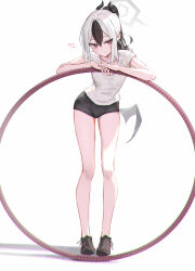 Rule 34 | 1girl, arm rest, bare legs, black footwear, black hair, black shorts, blue archive, blush, bright pupils, commentary, demon horns, demon wings, double-parted bangs, full body, halo, heart, hidulume, highres, hoop, horns, hula hoop, kayoko (blue archive), leaning on object, looking at viewer, multicolored hair, ponytail, red eyes, shirt, short shorts, short sleeves, shorts, simple background, single wing, smile, solo, two-tone hair, white background, white hair, white pupils, white shirt, wings