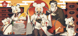 Rule 34 | 1boy, 5girls, animal ears, barefoot, black hair, black kimono, black pantyhose, character request, chest of drawers, child, closed eyes, copyright request, earclip, eating, egasumi, facial mark, file cabinet, food, highres, japanese clothes, kimono, lansane, mouse ears, multicolored hair, multiple girls, obi, pantyhose, pizza, pizza box, pizza slice, red eyes, red skirt, sash, short hair, sitting, skirt, streaked hair, white hair, wide sleeves