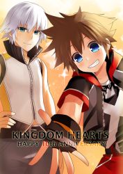 Rule 34 | 2boys, blue eyes, brown hair, copyright name, fingerless gloves, gloves, kingdom hearts, kingdom hearts 3d dream drop distance, kurot, looking at viewer, looking down, male focus, multiple boys, outstretched hand, riku (kingdom hearts), short hair, silver hair, sora (kingdom hearts)
