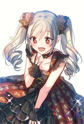 Rule 34 | + +, 1girl, bare shoulders, black gloves, blush, bow, breasts, choker, collarbone, cowboy shot, dot nose, dress, drill hair, fingerless gloves, floral print, flower, frilled choker, frilled gloves, frills, gloves, grey hair, hair bow, hand up, idolmaster, idolmaster cinderella girls, idolmaster cinderella girls starlight stage, kanzaki ranko, keylime, layered dress, long hair, looking at another, medium breasts, open hand, open mouth, print dress, red choker, red eyes, red flower, see-through gloves, simple background, sleeveless, sleeveless dress, smile, solo, sparkle, standing, star (symbol), twin drills, twintails, two-tone dress, white background