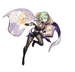 Rule 34 | 1girl, alternate hair color, book, breasts, byleth (female) (fire emblem), byleth (fire emblem), cape, clothing cutout, collar, collared cape, enlightened byleth (female), fire, fire emblem, fire emblem: three houses, fire emblem heroes, green eyes, green hair, kakage, pantyhose under shorts, magic, medium hair, navel, nintendo, official alternate costume, official art, open mouth, pantyhose, shorts, simple background, solo, stomach cutout, tiara