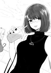Rule 34 | 2girls, bangs pinned back, bare shoulders, breasts, cellphone, cleavage, cloud, commentary, cup, desyana laurentia, disposable cup, drinking straw, dutch angle, english commentary, glasses, greyscale, highres, holding, inne sulistya robin, jewelry, large breasts, long hair, looking at viewer, medium breasts, mole, mole under eye, monochrome, multiple girls, necklace, norman maggot, original, outdoors, parted lips, phone, shirt, short hair, sky, smartphone, teacher
