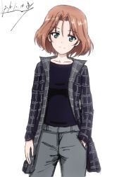 Rule 34 | 10s, 1girl, artist name, azumi (girls und panzer), black coat, black shirt, blue eyes, brown hair, bukkuri, casual, closed mouth, coat, commentary request, cowboy shot, dated, girls und panzer, grey pants, hand in pocket, head tilt, long sleeves, looking at viewer, pants, parted bangs, shirt, short hair, signature, simple background, smile, solo, standing, white background