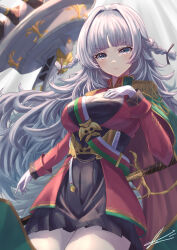 Rule 34 | 1girl, absurdres, azur lane, black skirt, blush, breasts, cannon, cape, cleavage, epaulettes, gloves, green cape, grey eyes, grey hair, highres, jacket, large breasts, long hair, looking at viewer, machinery, medal, military, military uniform, red jacket, rigging, sardegna empire (emblem), skirt, smile, solo, sword, turret, uniform, very long hair, vittorio veneto (azur lane), weapon, white gloves, white hair, yam (yam6056)