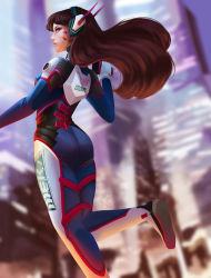 Rule 34 | 1girl, acronym, armor, ass, blurry, bodysuit, boots, bracer, breasts, brown eyes, brown hair, building, character name, clothes writing, d.va (overwatch), dated, facepaint, facial mark, floating hair, from behind, gloves, gun, hand up, headphones, high collar, leg up, lips, lipstick, long hair, looking at viewer, makeup, open mouth, overwatch, overwatch 1, parted bangs, pilot suit, pink lips, profile, shoulder pads, signature, skin tight, skyscraper, small breasts, solo, standing, standing on one leg, thigh boots, thigh strap, thighhighs, turtleneck, weapon, whisker markings, white footwear, white gloves