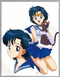 Rule 34 | 1990s (style), bishoujo senshi sailor moon, blue hair, boots, cat, highres, hug, kazu., kneeling, luna (sailor moon), mizuno ami, official art, portrait, sailor mercury, short hair