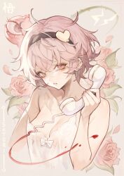 Rule 34 | 1girl, absurdres, artist name, bare shoulders, black hairband, blood, blush, bow, bow camisole, breasts, camisole, cleavage, collarbone, commentary, eyeball, eyelashes, fingernails, floral background, flower, hair between eyes, hairband, heart hairband, highres, holding, holding phone, joker (stjoker), komeiji satori, lips, looking at viewer, medium breasts, medium hair, nail polish, nose, phone, pink background, pink eyes, pink flower, pink hair, pink nails, pink rose, pink theme, rose, solo, strap slip, third eye, touhou, upper body, white bow, white camisole