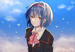 1girl bird black_jacket blue_hair blue_sky bow brown_eyes closed_mouth collared_shirt colored_eyelashes commentary day eyes_visible_through_hair hair_between_eyes hairband highres jacket light_smile little_busters! little_busters!_school_uniform looking_at_viewer medium_hair nishizono_mio outdoors pink_bow red_hairband school_uniform shirt sky solo straight_hair tree99120 tsurime upper_body white_bird white_shirt