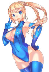 Rule 34 | 1girl, adapted costume, blonde hair, blue eyes, blue gloves, blue thighhighs, blush, breasts, cleavage, cleavage cutout, clothing cutout, elbow gloves, female focus, gloves, highleg, highleg leotard, large breasts, leotard, long hair, looking at viewer, meme attire, metroid, nintendo, one-piece swimsuit, open mouth, ponytail, samus aran, simple background, smile, solo, swimsuit, thighhighs, unzipped, v, white background, yukimura tsubame, zero suit, zipper