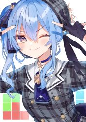 Rule 34 | 1girl, ;), absurdres, bad id, bad pixiv id, beret, black gloves, blue eyes, blue hair, blue nails, blue neckwear, choker, closed mouth, collared shirt, commentary request, gloves, grey hat, grey jacket, hair between eyes, hair ornament, hands up, hat, highres, hololive, hoshimachi suisei, hoshimachi suisei (1st costume), jacket, looking at viewer, medium hair, nail polish, noi mine, one eye closed, partially fingerless gloves, plaid, plaid headwear, plaid jacket, ribbon, shirt, side ponytail, simple background, smile, solo, star (symbol), upper body, v, virtual youtuber, white background, white shirt