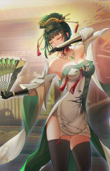 Rule 34 | 1girl, absurdres, ban nagi, bare shoulders, black thighhighs, breasts, chinese clothes, cleavage, closed mouth, detached sleeves, folding fan, green hair, hand fan, hanying: zitherwoe (punishing: gray raven), hanying (punishing: gray raven), highres, holding, holding fan, jewelry, mechanical arms, medium breasts, medium hair, necklace, punishing: gray raven, sidelocks, thighhighs