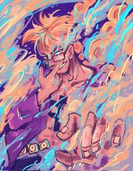 Rule 34 | 1boy, blonde hair, chest tattoo, commentary, cowboy shot, english commentary, glasses, highres, jacket, looking to the side, male focus, marco (one piece), one piece, open clothes, open jacket, purple background, purple jacket, purple sash, sash, short hair, smile, smoke, solo, tattoo, upper body, wigglesthetuff