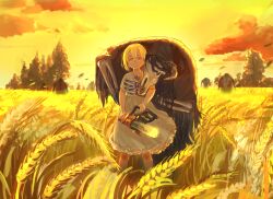 Rule 34 | 1girl, 1other, blonde hair, chainsaw, closed mouth, cloud, commentary request, dusk, evening, expressionless, falling leaves, field, frilled skirt, frills, full body, high-waist skirt, holding, holding chainsaw, horizon, leaf, long bangs, looking at viewer, medium hair, nik ibi, orange eyes, original, outdoors, people, scenery, shirt, short sleeves, sidelocks, skeleton, skirt, sky, tree, undead, wheat field, white shirt, white skirt