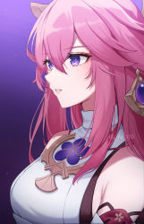 Rule 34 | 1girl, armpit crease, bare shoulders, breasts, detached sleeves, genshin impact, gya (144), hair between eyes, half-closed eyes, highres, japanese clothes, long hair, looking to the side, miko, parted lips, pink hair, purple background, purple eyes, simple background, solo, twitter username, upper body, yae miko