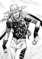 Rule 34 | 1boy, ball, cape, facial mark, fingernails, goggles, goggles on headwear, greyscale, grin, gyro zeppeli, hat, highres, holding, holding ball, jojo no kimyou na bouken, long hair, looking at viewer, male focus, monochrome, pants, shirt, smile, solo, standing, steel ball run, wide-eyed, y naf