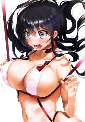Rule 34 | 1girl, absurdres, bare arms, bare shoulders, bikini, bikini top only, black hair, blue eyes, blush, bow, breast lift, breasts, choker, covered erect nipples, earrings, highres, jewelry, kanojo (ogino atsuki), large breasts, long hair, motion lines, navel, non-web source, open mouth, original, red bow, red neckwear, rei no himo, ribbon, scan, simple background, solo, star (symbol), star earrings, stomach, swimsuit, tareme, upper body, white background, white bikini, yanyo (ogino atsuki)