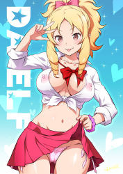 Rule 34 | 1girl, :p, alternate costume, aqua background, artist name, blonde hair, blouse, blush, bow, bowtie, bracelet, breasts, brown eyes, cameltoe, character name, cleavage, cleft of venus, clothes lift, collarbone, cosplay, covered erect nipples, cowboy shot, eromanga sensei, gyaru, jewelry, joy ride, kogal, large breasts, lifting own clothes, loose bowtie, midriff, navel, nipples, no bra, panties, pointy ears, ponytail, ring, school uniform, scrunchie, shirt, side-tie panties, signature, skirt, skirt lift, sleeves rolled up, smile, socks, solo, stomach, striped clothes, striped scrunchie, tied shirt, tongue, tongue out, underwear, upskirt, w, white shirt, wrist scrunchie, yamada elf