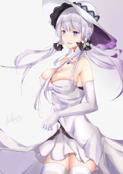 Rule 34 | 1girl, absurdres, armpits, azur lane, bare shoulders, blue eyes, blue gemstone, blush, breasts, choker, cleavage, dress, elbow gloves, floating hair, garter straps, gem, gloves, grey background, hair ornament, hat, highres, illustrious (azur lane), lace-trimmed hat, lace trim, large breasts, light purple hair, long hair, looking at viewer, low twintails, mole, mole under eye, open mouth, sidelocks, simple background, skindentation, smile, solo, strapless, strapless dress, thighhighs, twintails, twitter username, white dress, white gloves, white thighhighs, wind, wind lift, zhzhrs