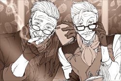 Rule 34 | 2boys, adjusting eyewear, bad id, bad twitter id, beard, facial hair, fate/grand order, fate (series), formal, glasses, gloves, hand on eyewear, highres, james moriarty (archer) (fate), looking at viewer, male focus, monochrome, multiple boys, mustache, qsie95, scarf, smile, smoke, smoking, vest, white hair, william tell (fate)