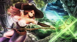 Rule 34 | 1girl, bare shoulders, breasts, brown hair, cleavage, detached sleeves, dragon&#039;s crown, dress, hat, highres, long hair, magic, same 2009, solo, sorceress (dragon&#039;s crown), strapless, strapless dress, thighs, witch hat