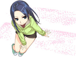 1girl, arm support, blue eyes, blue hair, cherry blossoms, full body, green hoodie, hair ornament, hairclip, highres, hood, hoodie, ino, long hair, looking at viewer, mochizuki nonoka, otome function, shoes, short shorts, shorts, sitting, smile, sneakers, solo, thigh gap