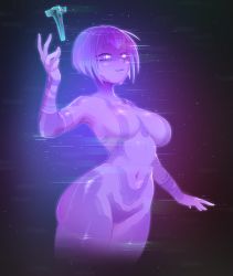 Rule 34 | 1girl, animification, blue hair, blue skin, blue theme, bodypaint, breasts, colored skin, commentary, cortana, cowboy shot, english commentary, glitch, glowing, glowing eyes, halo (series), highres, hologram, justrube, looking at viewer, navel, painted clothes, purple theme, short hair, signature, solo
