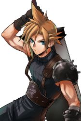 Rule 34 | 1boy, absurdres, armor, beckey9415, belt, blonde hair, blue eyes, blue pants, blue shirt, buster sword, cloud strife, earrings, final fantasy, final fantasy vii, gloves, hair between eyes, highres, jewelry, pants, shirt, shoulder armor, solo, spiked hair, square enix, suspenders, turtleneck, weapon, weapon on back, white background
