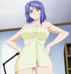 Rule 34 | 1girl, angry, aniyome wa ijippari, blue hair, breasts, hands on own hips, katsuragi mai, large breasts, mature female, naked towel, purple eyes, screencap, solo, stitched, third-party edit, towel
