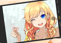 Rule 34 | 1girl, :d, ;d, artist name, blonde hair, blue eyes, blush, braid, collarbone, commentary request, finger heart, heart, highres, idolmaster, idolmaster cinderella girls, long hair, looking at viewer, nail polish, notice lines, ohtsuki yui, one eye closed, open mouth, orange nails, selfie, smile, solo, teeth, translation request, upper body, upper teeth only, yurippe (filledelis)