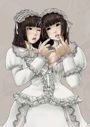 Rule 34 | 2girls, conjoined, cowboy shot, cum, cum on hair, dress, facial, female focus, hime lolita, lolita fashion, multiple girls, ribbon, siblings, simple background, sisters, twins, wedding dress, what, white theme