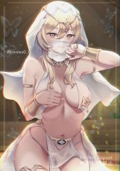 Rule 34 | 1girl, belly dancer, blonde hair, blush, breast curtains, breasts, genshin impact, highres, large breasts, looking at viewer, lumine (genshin impact), medium hair, pelvic curtain, sidelocks, smile, solo, thighs, tinnies, yellow eyes