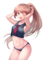 Rule 34 | 1girl, ;d, armpits, arms behind head, arms up, bare arms, bare legs, bare shoulders, bikini, bikini bottom only, black bikini, blue eyes, blush, breasts, brown hair, cowboy shot, crop top, crop top overhang, eyebrows, long hair, looking at viewer, navel, nishizawa, one eye closed, open mouth, original, ponytail, shirt, sideboob, simple background, sleeveless, sleeveless shirt, smile, solo, stomach, swimsuit, white background