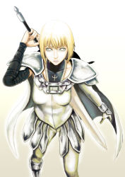 Rule 34 | 1girl, armor, armored boots, blonde hair, bodysuit, boots, breasts, cape, cielociel, clare (claymore), claymore (series), claymore (sword), collarbone, from above, grey eyes, highres, pale skin, pauldrons, pteruges, shoulder armor, simple background, solo, sword, weapon