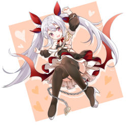 Rule 34 | 1girl, azur lane, bad id, bad pixiv id, black thighhighs, blush, chain, detached sleeves, full body, garter straps, grey hair, heart, high heels, looking at viewer, open mouth, pink eyes, shiosoda, smile, solo, thighhighs, twintails