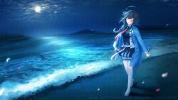 Rule 34 | 1girl, ahoge, barefoot, beach, black hair, blue jacket, bluesky username, braid, breasts, closed eyes, cloud, covered navel, hair flaps, hair ornament, highres, ittokyu, jacket, kantai collection, long hair, long sleeves, medium breasts, moon, necktie, night, ocean, open clothes, open jacket, open mouth, outdoors, petals, pixiv id, red necktie, shigure (kancolle), signature, single braid, skirt, sky, solo, thigh strap, twitter username, walking, water