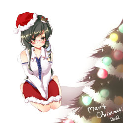 Rule 34 | 00s, 1girl, 2009, bespectacled, breasts, christmas tree, detached sleeves, female focus, frog, glasses, green hair, hair ornament, hat, kneeling, kochiya sanae, long hair, santa hat, simple background, snake, solo, touhou, umi (umi02), v arms, white background, yellow eyes