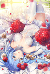 Rule 34 | 1girl, bare shoulders, beads, blue eyes, blue hair, blurry, breasts, breasts apart, depth of field, dress, elbow gloves, emori miku, flower, garter straps, gloves, gold, hair flower, hair ornament, hands up, highres, kagachi saku, large breasts, liver city, long hair, looking at viewer, lying, on back, open mouth, petals, red flower, rose, short dress, sleeveless, sleeveless dress, smile, solo, strapless, strapless dress, thighhighs, upside-down, white dress, white gloves, white thighhighs, zettai ryouiki