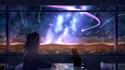 1girl absurdres black_cat black_hair cat chair city commentary_request highres hkcutie holding holding_pen night original paper pen scenery shooting_star signature sitting sky solo star_(sky) starry_sky table