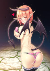 Rule 34 | 1girl, ass, back, bare shoulders, bikini, blush, braid, breast rest, breasts, butt crack, demon girl, demon horns, demon tail, demon wings, from behind, heart, horns, large breasts, licking lips, looking at viewer, matching hair/eyes, muo, orange eyes, orange hair, original, panties, pointy ears, shiny skin, short hair, sideboob, single braid, smile, solo, swimsuit, tail, thighhighs, tongue, tongue out, underwear, wings