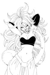 Rule 34 | 1girl, android 21, armpits, arms behind head, arms up, baggy pants, black sclera, black sleeves, black tube top, breasts, colored sclera, detached sleeves, dragon ball, dragon ball fighterz, earrings, eyelashes, fenyon, groin, hair between eyes, highres, hoop earrings, jewelry, large breasts, long hair, long sleeves, majin android 21, midriff, monochrome, narrow waist, navel, pants, parted bangs, sharp teeth, simple background, solo, strapless, tail, teeth, tongue, tongue out, tsurime, tube top, very long hair, wavy hair, white background