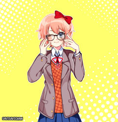 Rule 34 | 1girl, ;), artist name, bespectacled, black-framed eyewear, blue eyes, blue skirt, bow, commentary, doki doki literature club, english commentary, glasses, hair bow, hand on own face, looking at viewer, one eye closed, outline, pink hair, pleated skirt, red bow, savi (byakushimc), sayori (doki doki literature club), school uniform, short hair, simple background, skirt, smile, solo, upper body, white outline, yellow background