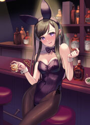 Rule 34 | 1girl, alcohol, animal ears, bar (place), black bow, black bowtie, black hair, black leotard, black pantyhose, bottle, bow, bowtie, breasts, cleavage, commentary request, counter, detached collar, drunk, glass, gorota, leotard, long hair, medium breasts, original, pantyhose, playboy bunny, purple eyes, rabbit ears, rabbit tail, side-tie leotard, solo, stool, strapless, strapless leotard, tail, whiskey, wrist cuffs
