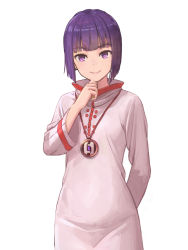 Rule 34 | 1girl, blunt bangs, blush, character request, closed mouth, commentary request, copyright request, dress, highres, long sleeves, looking at viewer, purple eyes, purple hair, short hair, simple background, smile, solo, tantaka, white background