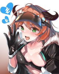 Rule 34 | 1girl, absurdres, arknights, bad id, bad pixiv id, black jacket, black shirt, blush, breasts, breath, clothes pull, commentary, cow horns, croissant (arknights), cum, cum on body, cum on breasts, cum on clothes, cum on gloves, cum on upper body, fang, fellatio gesture, fur-trimmed jacket, fur trim, gloves, gradient background, green eyes, hair between eyes, heart, heavy breathing, highres, horns, jacket, looking at viewer, medium breasts, midriff, mika uni, navel, nipples, one breast out, open mouth, orange hair, red background, shirt, shirt pull, short hair, simple background, smile, solo, sweat, tongue, upper body, visor cap, white background, white gloves